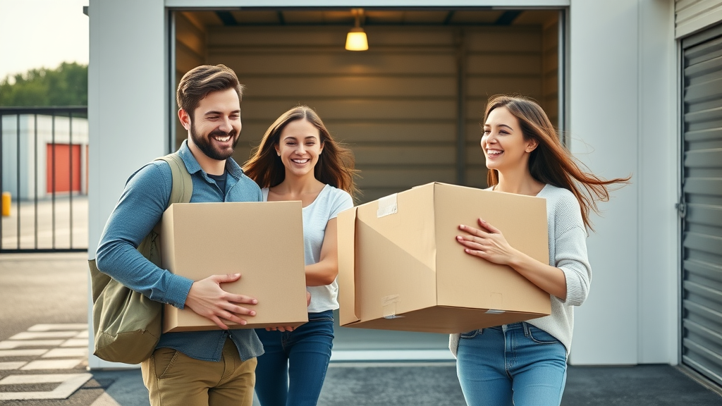 Family using self-storage unloading boxes at secure, clean storage facility