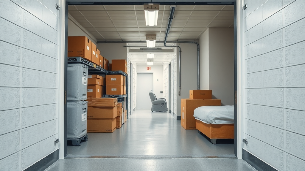 Inside a clean self-storage unit with neatly stacked boxes and bright lighting