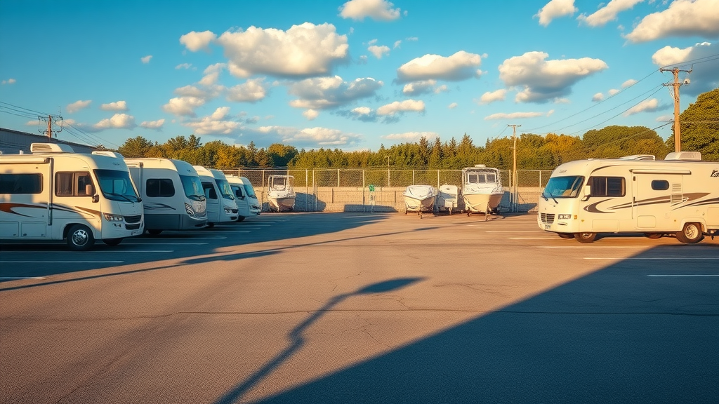Secure outdoor self-storage area with RVs and boats, fencing, and cameras