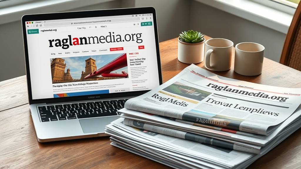 Laptop showing raglanmedia.org platform alongside traditional newspapers