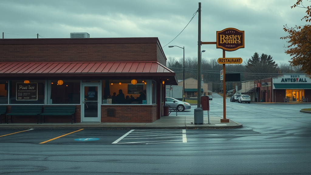 cracker barrell fiasco restaurant chain empty parking lot somber mood photorealistic