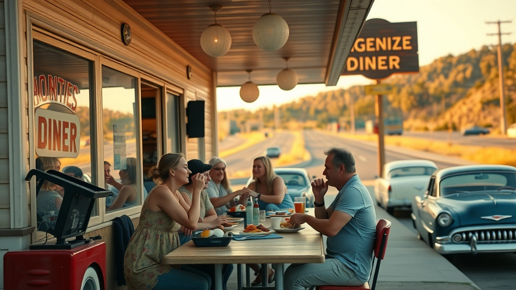 vintage cracker barrel restaurant diner history growth nostalgia roadside meal photorealistic
