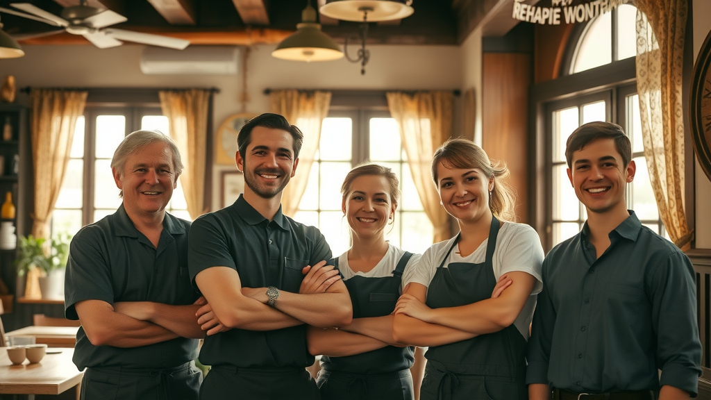 hopeful cracker barrel restaurant staff reopening teamwork crisis recovery photorealistic
