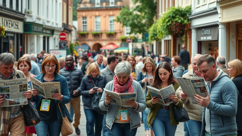 Vibrant Monmouthshire town centre with bustling atmosphere, diverse group of people reading business news in Monmouthshire on phones and newspapers, historic market street with Victorian buildings and greenery, sharp focus, natural daylight