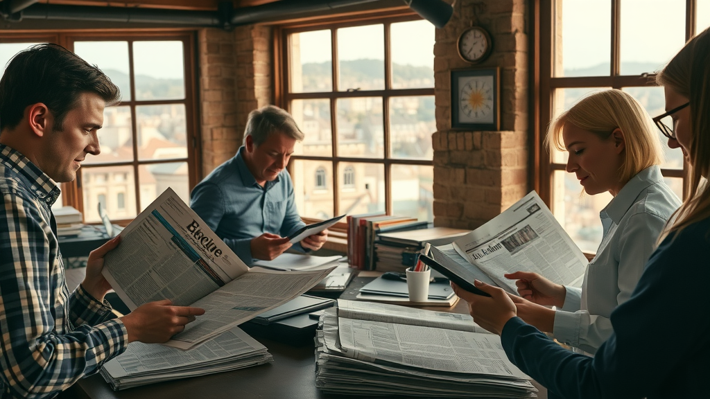 Dynamic editorial newsroom in Monmouthshire, editors and journalists reviewing old newspapers and digital tablets, rustic setting with large windows to townscape, lively teamwork in warm golden hues