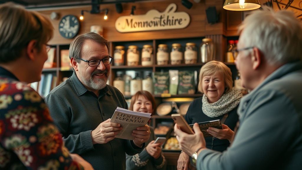 Local business owner animatedly sharing story with community in a Monmouthshire café, Monmouthshire-themed decorations, detailed, expressive, warm lighting