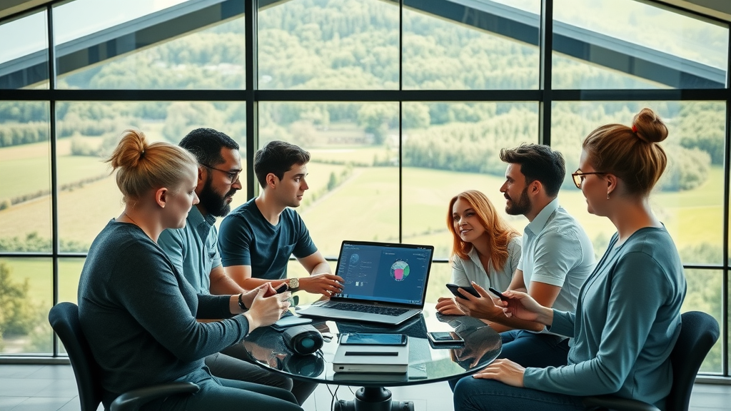 Modern technology hub in rural Monmouthshire, young diverse entrepreneurs brainstorming, green countryside, digital innovation, crisp daylight