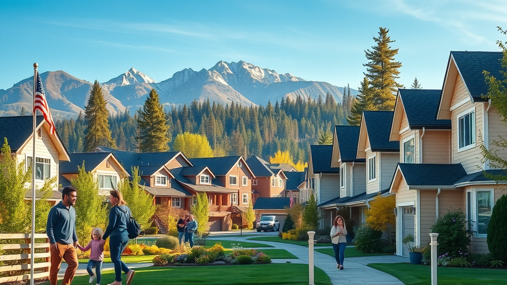 vibrant Central Oregon neighborhood, best time to sell your home in central oregon, blue sky, spring weather, mountain and pine forest backdrop, happy families