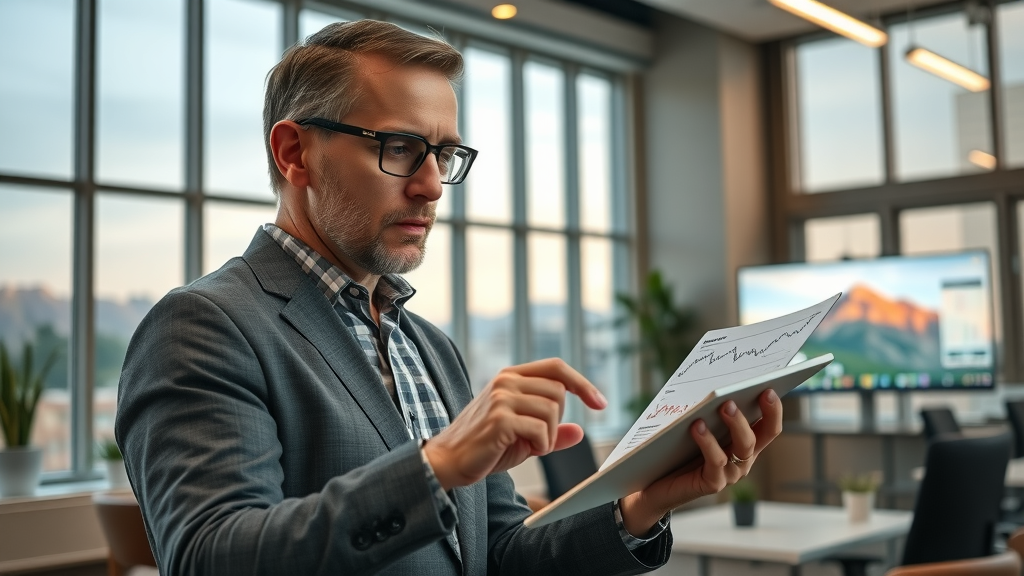 modern real estate office, real estate agent checking housing market data, Central Oregon market trends, housing charts on tablet, spring season