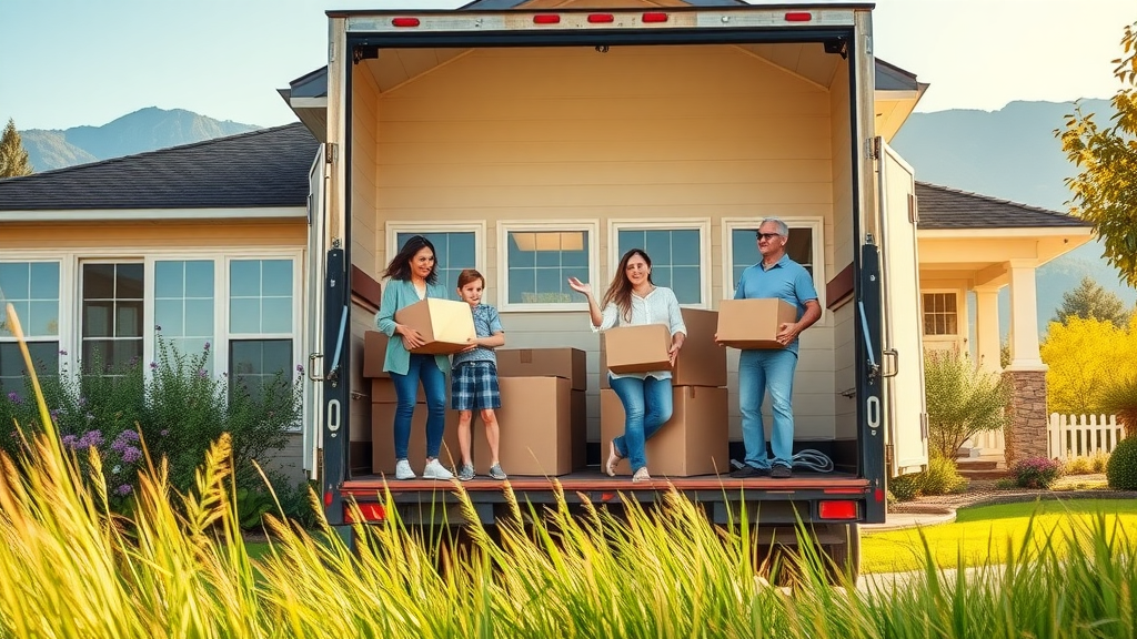 bright home exterior, best time to sell a house in central oregon, family moving boxes in summer, Cascade mountains view, moving day