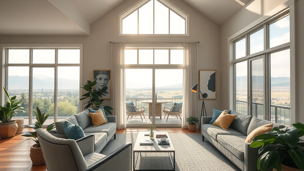 tastefully staged living room in central oregon, modern decor, sunbeams, natural light, staging tips for higher home sale price