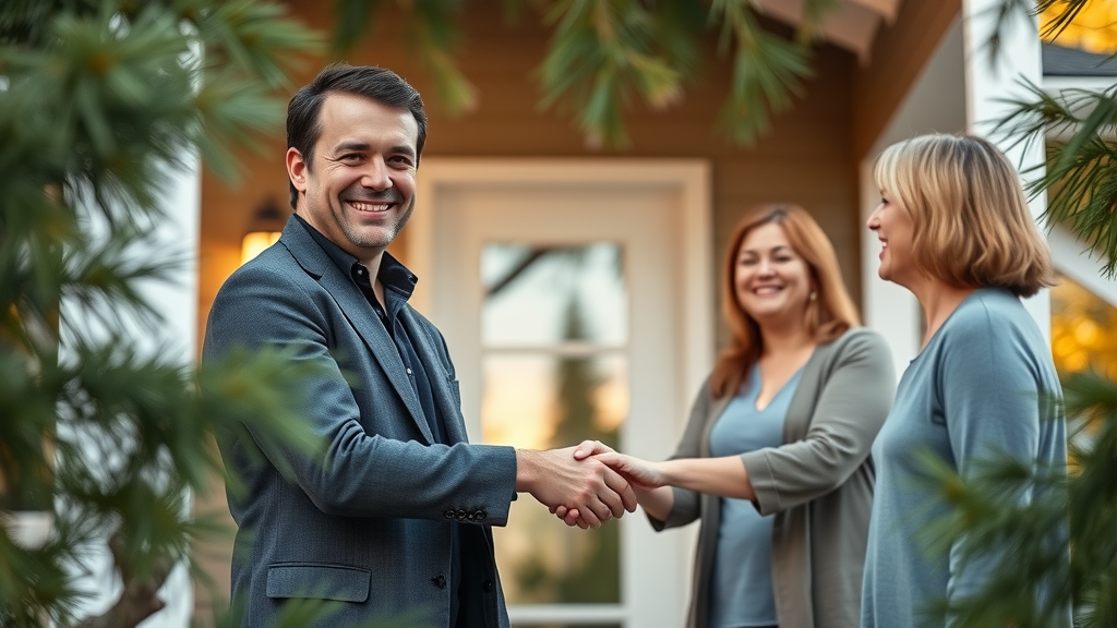 friendly real estate agent helping sell your house in central oregon, confident handshake, pine-tree lined neighborhood