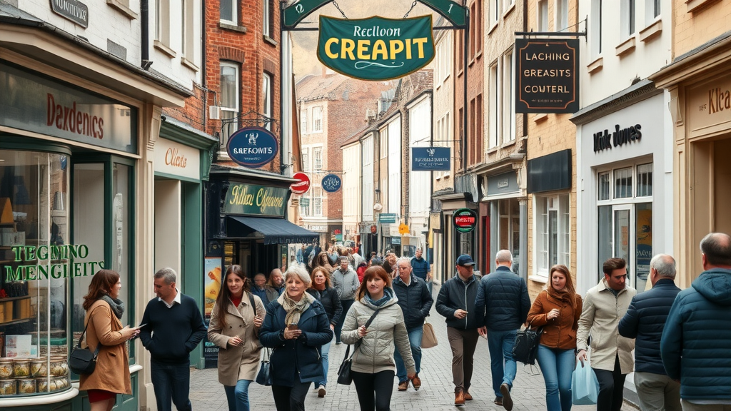 vibrant high street in Monmouthshire bustling with diverse small businesses, welcoming expressions on shop owners interacting with customers, people walking and lively marketplace activity, traditional town centre with historic architecture, highly detailed, dynamic crowd movement and local signage, crisp detail, natural earthy tones, soft morning lighting