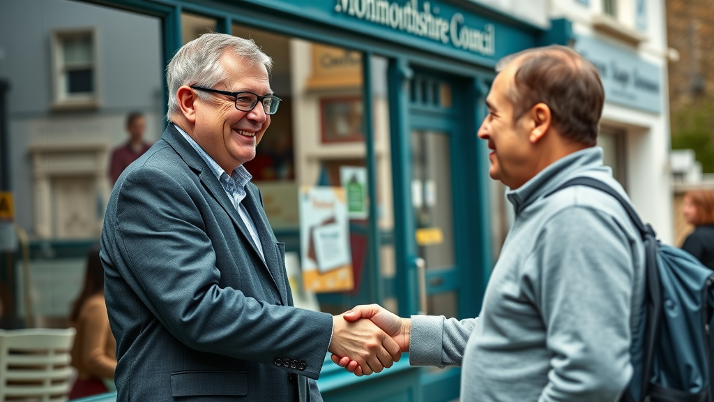 caring council representative shaking hands with small business owner outside a shop, satisfied expressions, friendly interaction, local street scene with Monmouthshire civic building in background, highly detailed, handshake and eye contact, rich blue and green colors, bright daylight