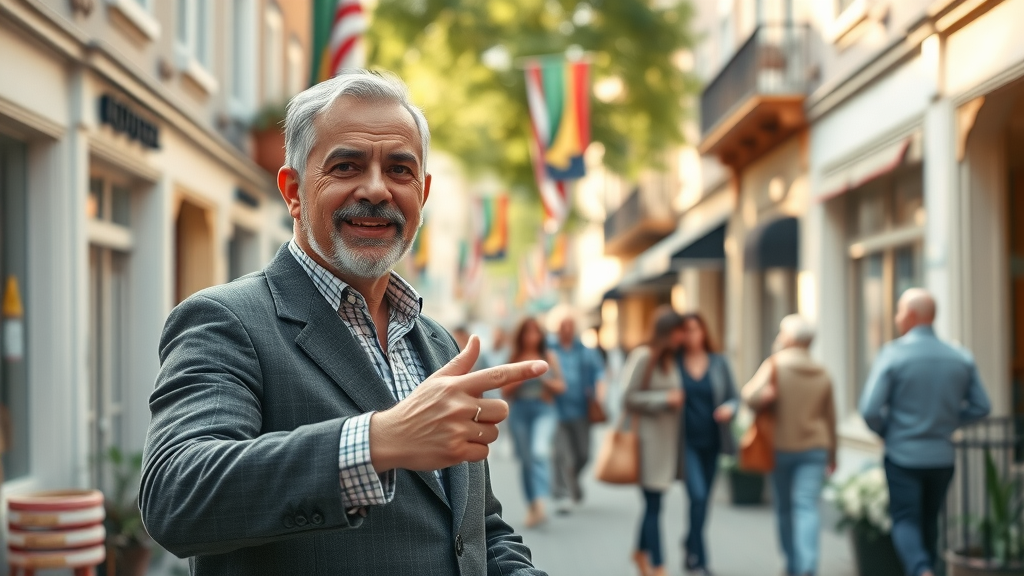 charming boutique hotel owner guiding visitors through a recently renovated street, proud smile, pointing out improvements, picturesque town setting with banners and flowers, highly detailed, lively foot traffic and enhanced storefronts, pastel color palette, soft afternoon sunlight