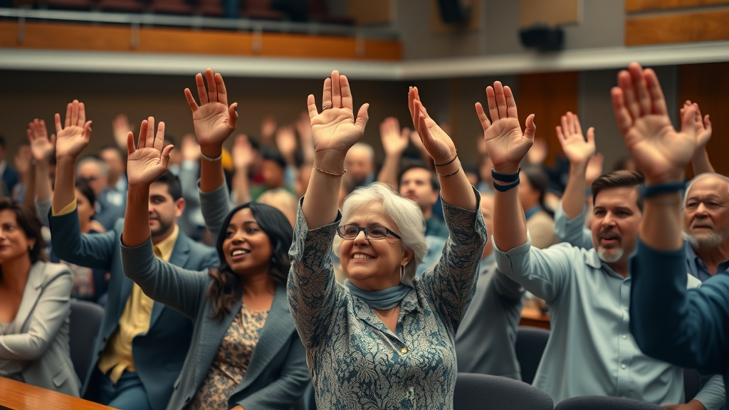 diverse group of business owners raising hands in a public council meeting, passionate expressions, actively participating, Cinematic, interior community hall with council members on stage, highly detailed, movement in raised hands and attentive faces, rich mixed colors, even stage lighting