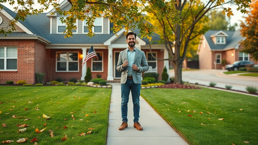 Confident real estate agent welcomes buyers at a suburban home for residential home sales