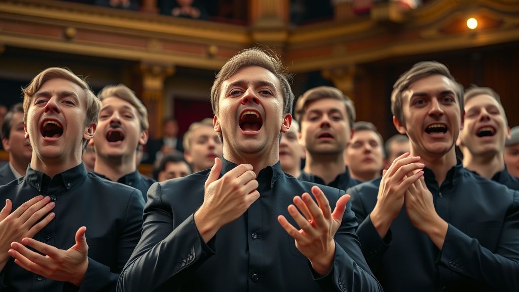 Male voice choir performing in the ornate borough theatre, highlighting your voice in abergavenny