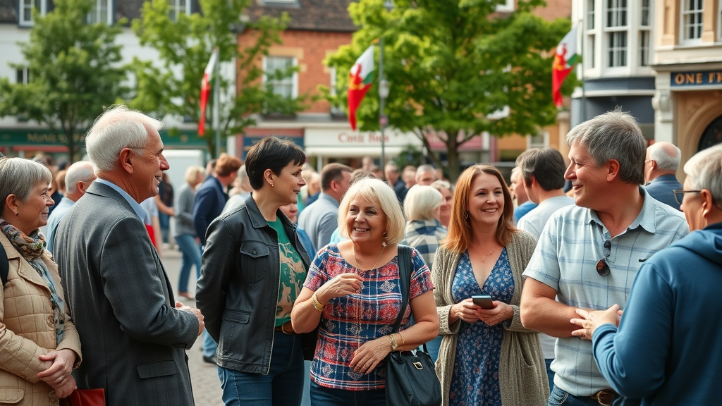 vibrant Monmouth town square, people of mixed ages and backgrounds gathered, community engagement, Monmouthshire, Welsh flags