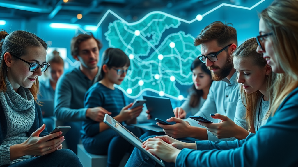 dynamic community connection, people using digital devices, Monmouthshire, local participation