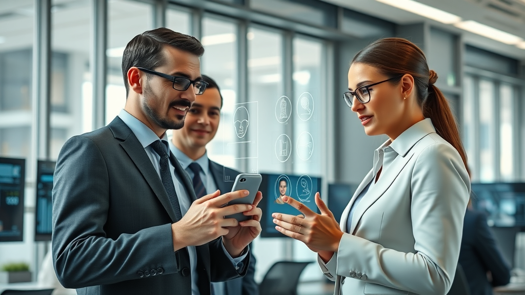 Sleek business office with professional sales team and AI phone agent interface, increase sales with AI phone agent, photorealistic, modern office