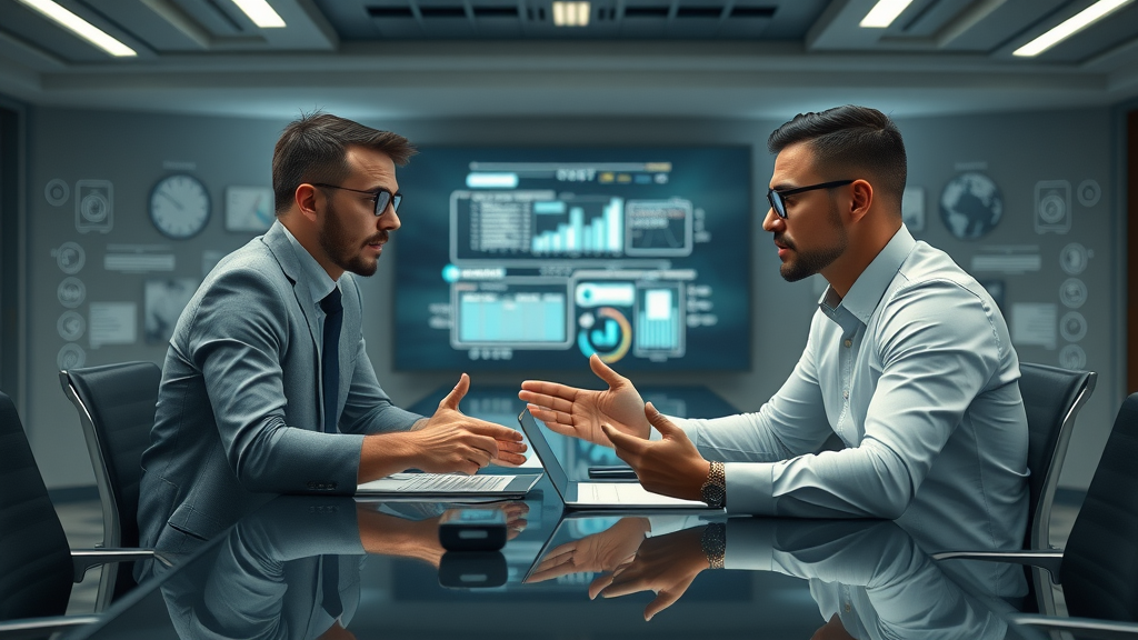 Dynamic sales meeting with sales representatives debating virtual AI-generated avatar, AI phone agent application in sales