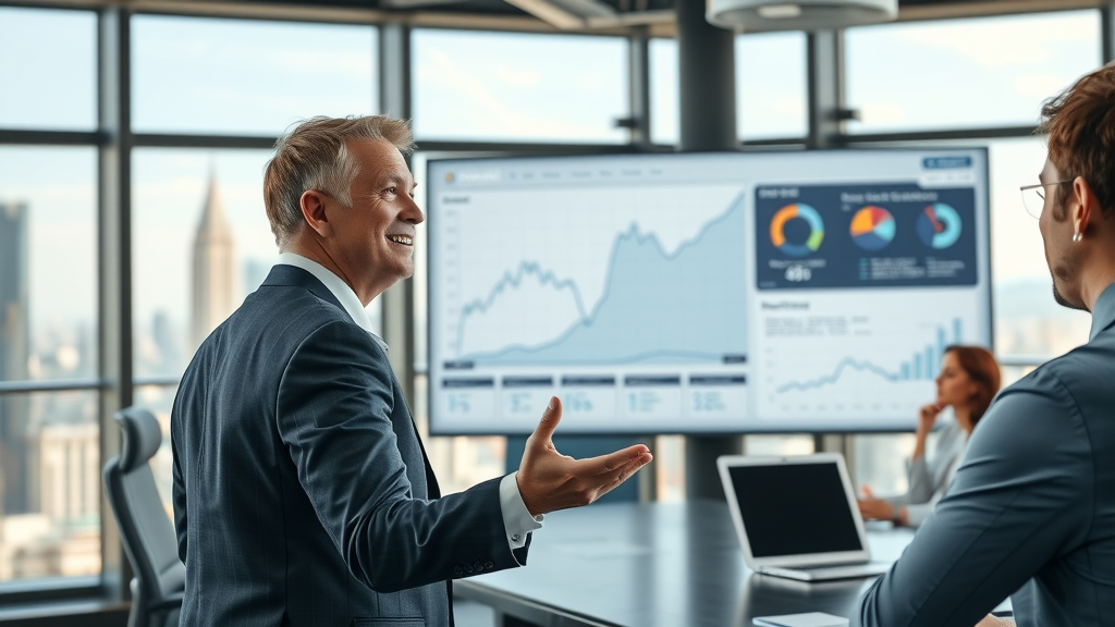 Executive presenting revenue growth with AI dashboard, example of business increasing sales with AI phone agent