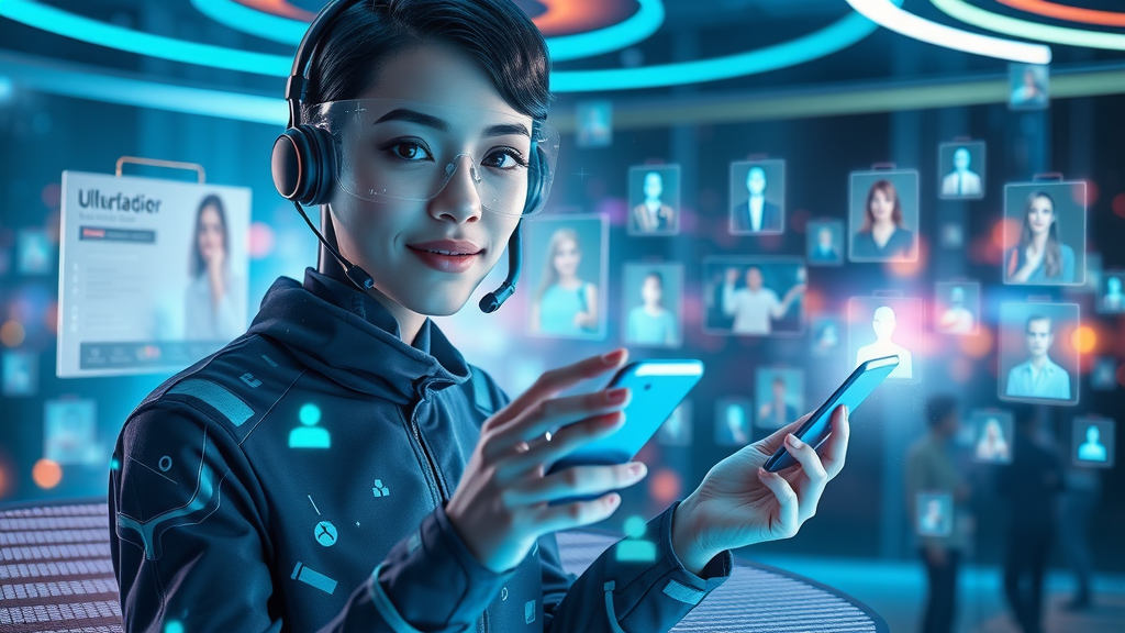 Futuristic AI phone agent interacting with global clients via holographic calls, showcasing future applications for increasing sales