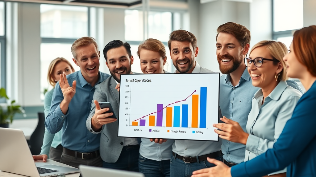 Vibrant business team excitedly reviewing increased email open rates statistics in modern office; personalized email campaign success visual