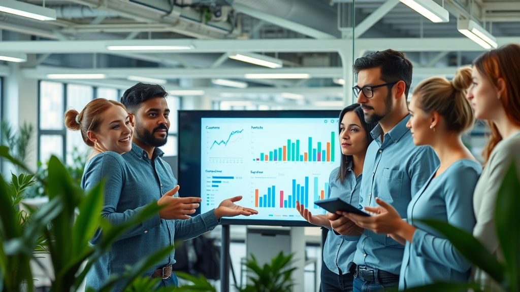 Diverse marketing team analyzing customer data charts; personalized email campaign insights visual