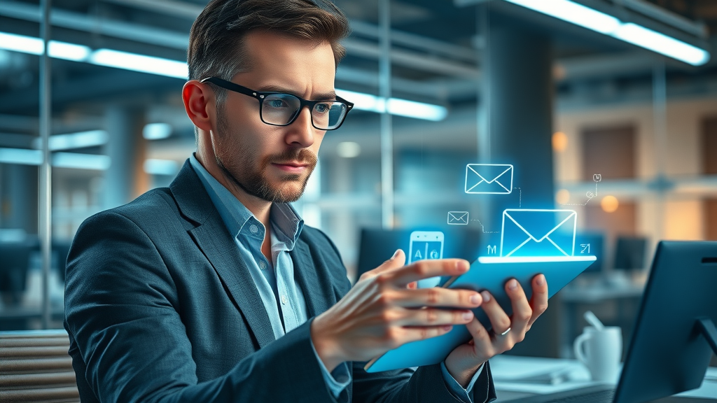 Business owner exploring AI-powered email marketing tools on a tablet; AI email campaign optimization visual