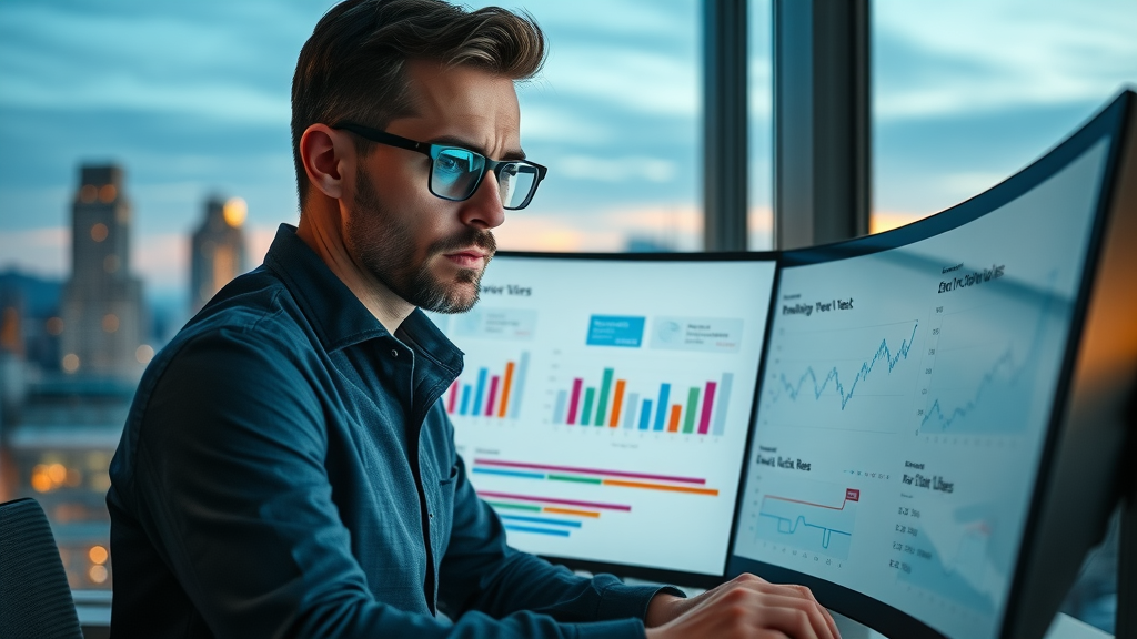 Focused analyst reviewing charts of email open and click rates for personalized email marketing campaign