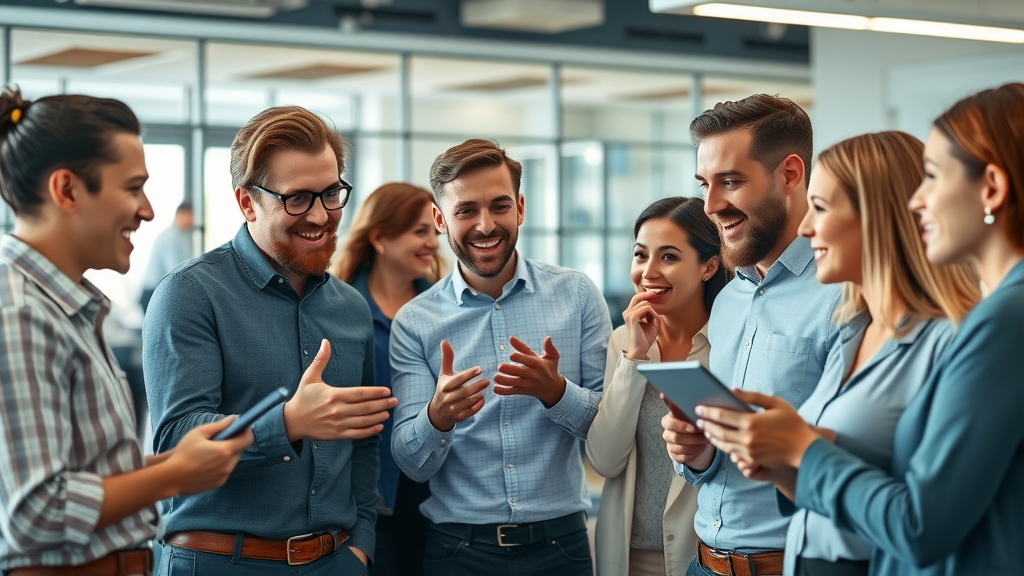 ai for small business vibrant workspace, team collaborating with digital screens, modern office, AI gadgets