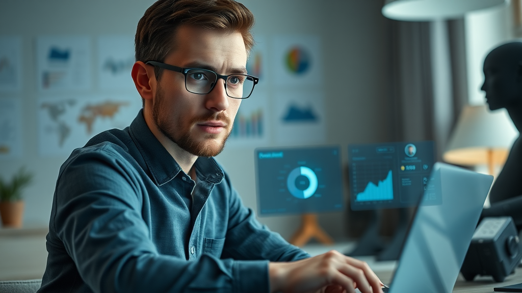 small business owner analyzing AI dashboard, laptop with digital charts, AI virtual assistant, professional modern workspace