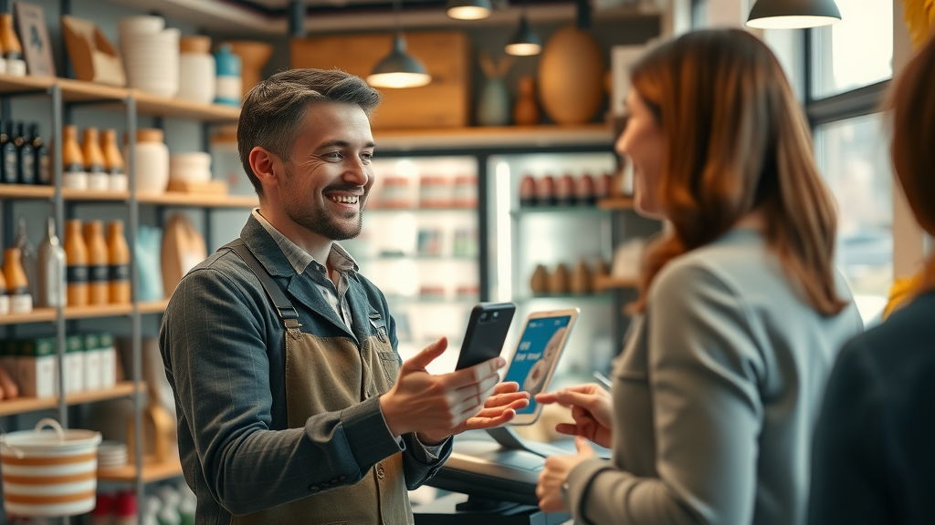 employee using AI-powered point of sale system in small retail shop, customer interaction, cozy and modern business scene