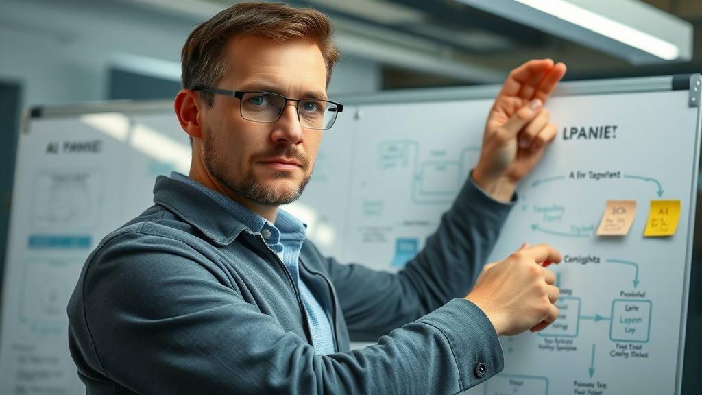 small business owner mapping AI integration plan on whiteboard, modern office, digital sticky notes and flowcharts