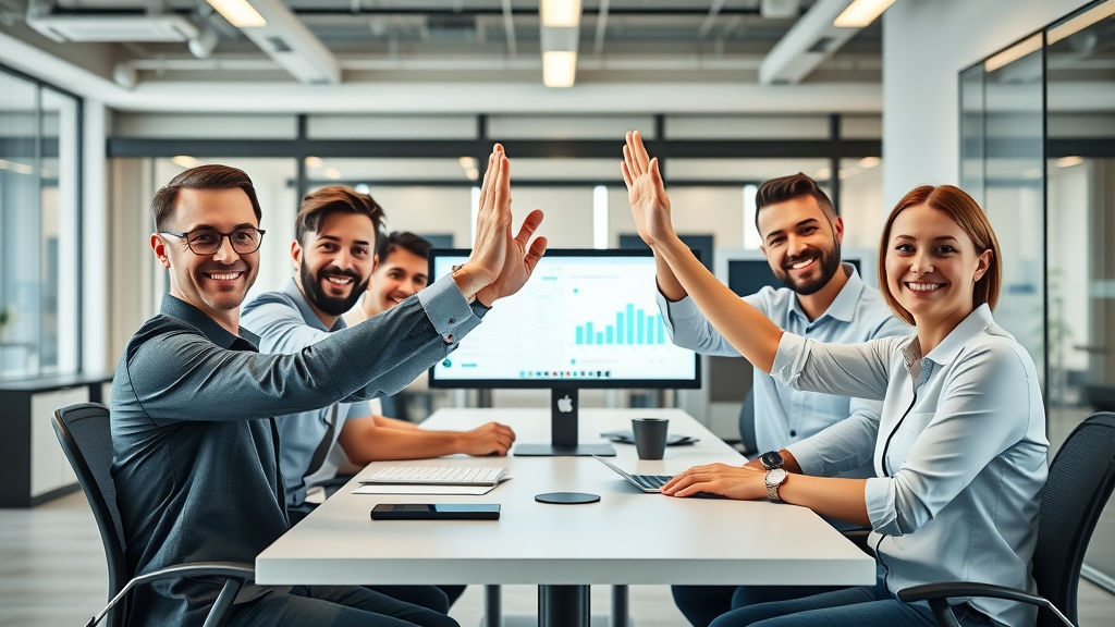 small business team celebrating success, open-plan workspace, AI analytics on screens, high-fives