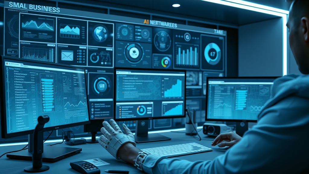 AI software dashboard with multi-applications, small business focus, desktop and mobile views, high-contrast interface