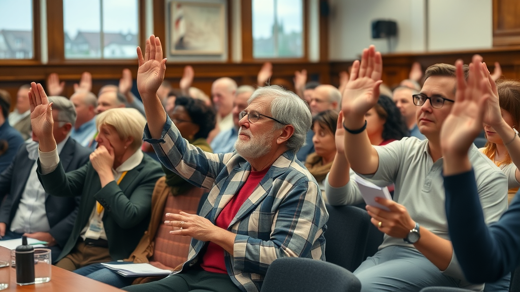 Engaged diverse community members at Chepstow town meeting raising hands, voice choir, council chamber, Chepstow landmarks, attentive atmosphere, your voice in Chepstow