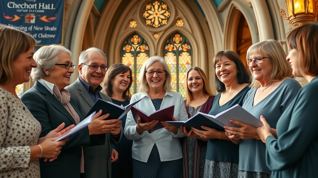 Welcoming choir members with a new member at St Mary church entrance, chepstow male voice choir, inclusive gesture, first choir event