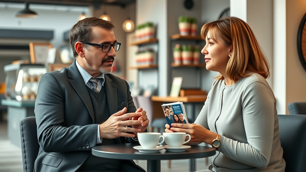 Local business owner and choir conductor discussing sponsorship, voice choir, male voice choir, chepstow business community, at Chepstow café