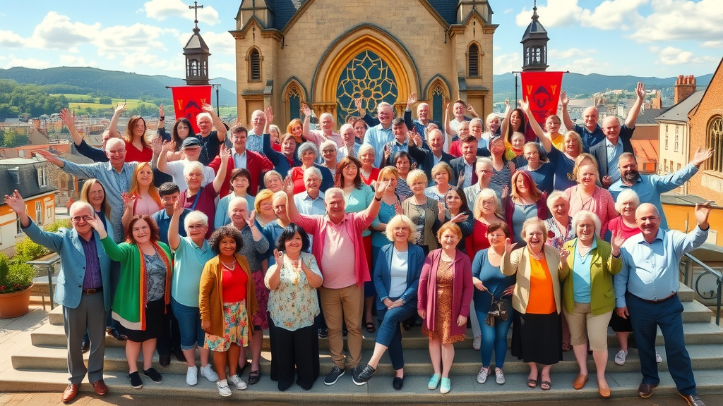 Inspirational group photo of Chepstow choir and supporters at St Mary, voice choir, community engagement, chepstow male voice