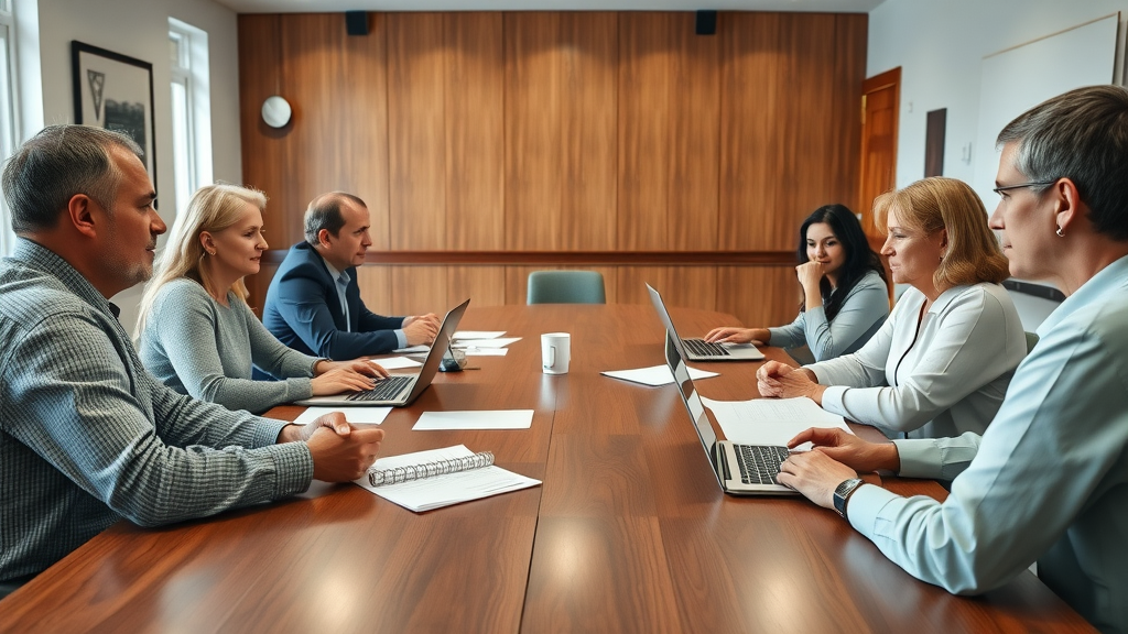 inviting local council meeting room, officials and residents discussing projects, photorealistic, polished table, detailed, open laptops and notes, balanced soft white light, neutral palette, 85mm lens