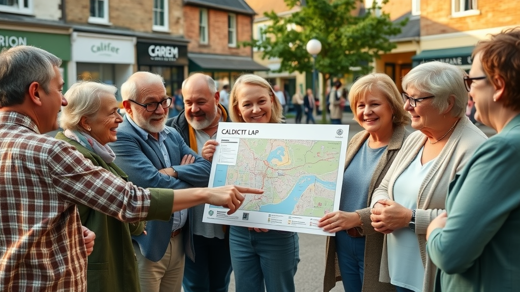 optimistic Caldicot residents and leaders collaborating outdoors, community map, town square with shops and greenery, photorealistic, animated discussion, different age groups, vibrant colors, golden hour, 35mm lens