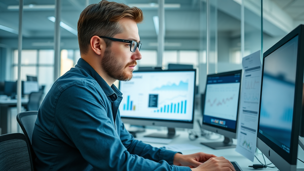 Focused marketing manager analyzing cost of Google Ads dashboard in a modern office