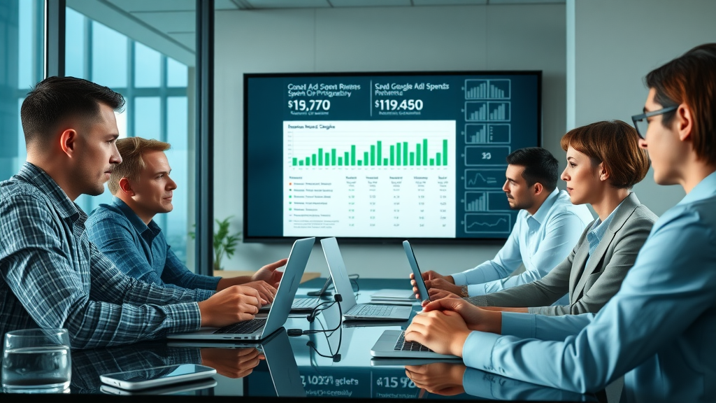 Business team optimizing Google Ads spend in a collaborative meeting