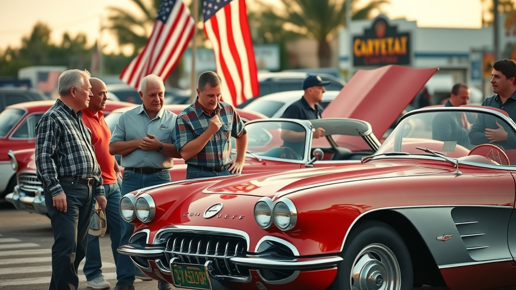 nostalgic group of mature and young car enthusiasts, proud and contemplative, discussing beside a classic Chevrolet Corvette at a car show, vintage American small-town outdoor setting with classic cars and banners, rich reds and chrome, golden hour lighting, Chevrolet Corvette tradition, vette owner interaction