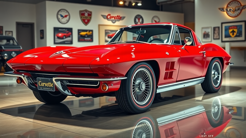 reverent spotlight on a 1963 Chevrolet Corvette split window coupe, polished showroom with corvette memorabilia, ultimate sports car classic