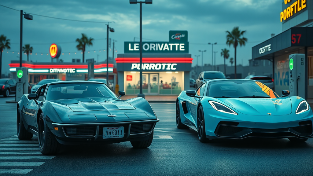 contrasting visuals, classic Corvette vs. electric sports cars, corvette traditionalists admiring and hesitating, dealership lot, blending old and new generations