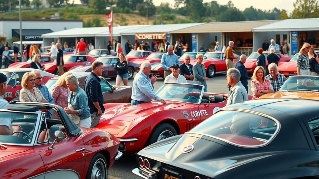 diverse group of Corvette owners, young and old, gathering at cars and coffee event, Chevrolet Corvette generational appeal, corvette museum in background, American sports car community